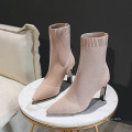 New design wholesale women pu leather matching Knitting high heels winter ankle boots outdoor ladies casual shoes